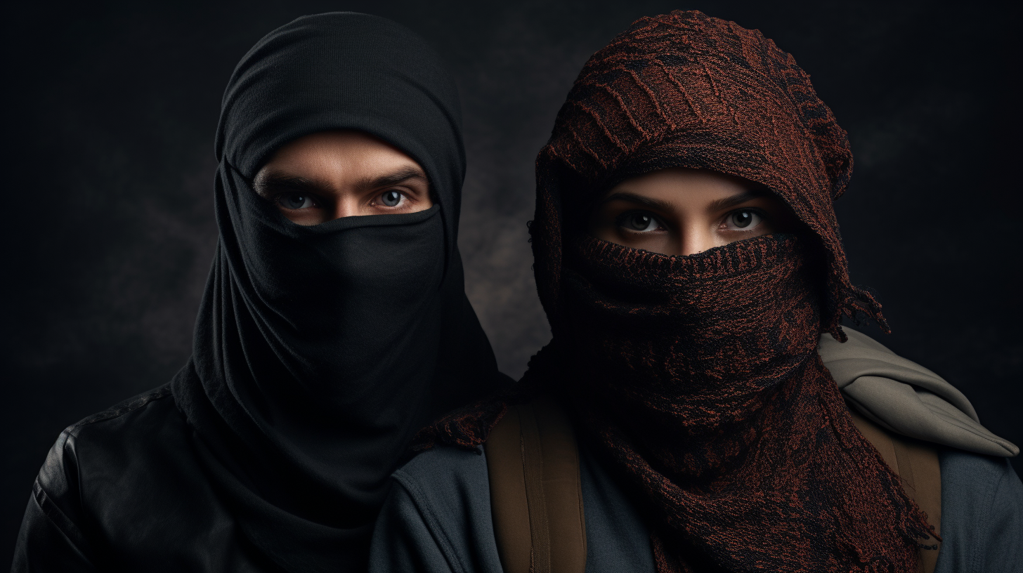 homme et femme avec un teeshirt sur la tete en guise de balaclava