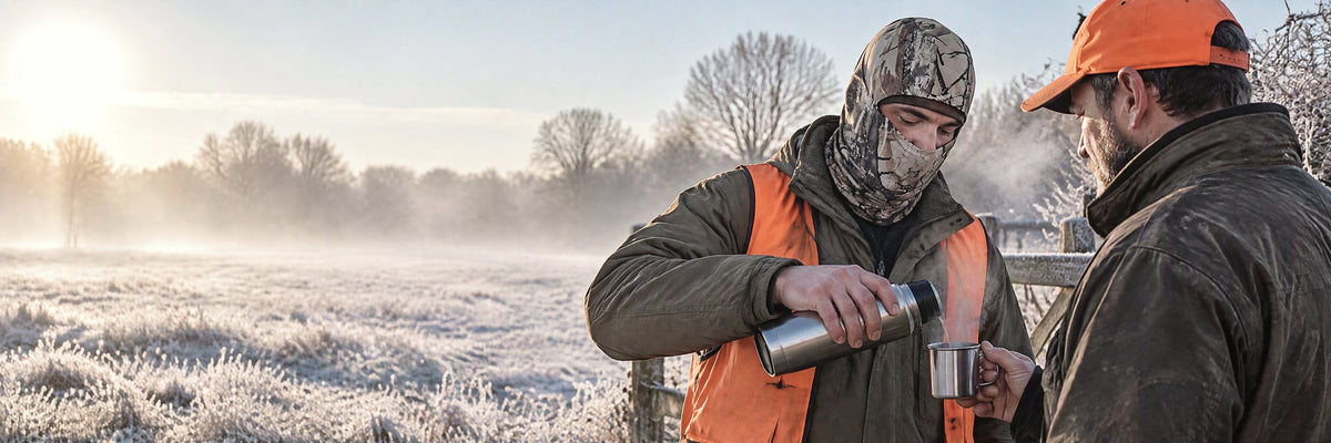 Deux chasseurs se servent un café à l'aube, cagoule camouflage et orange de chasse