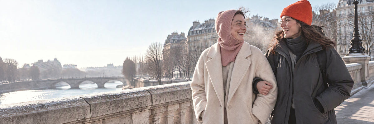Deux amies bras dessus bras dessous en ville, cagoule en maille rose et bonnet orange