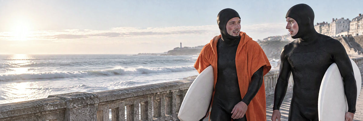 Deux surfeurs en cagoule néoprène sur la promenade en hiver
