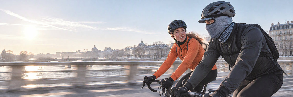 Deux cyclistes qui se parlent sur un pont en hiver, cagoule vélo sous le casque