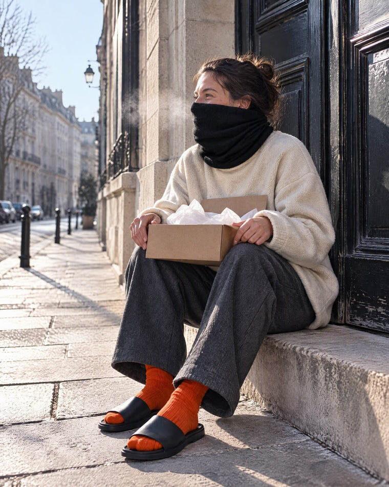 Femme assise sur la marche de son immeuble, colis ouvert sur les genoux, cache-cou cachemire noir remonté sur le nez
