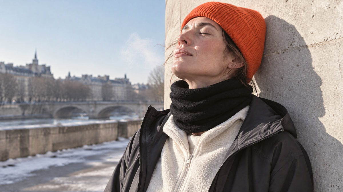 Femme au bonnet orange, tête contre un mur au soleil, cache-cou cachemire noir